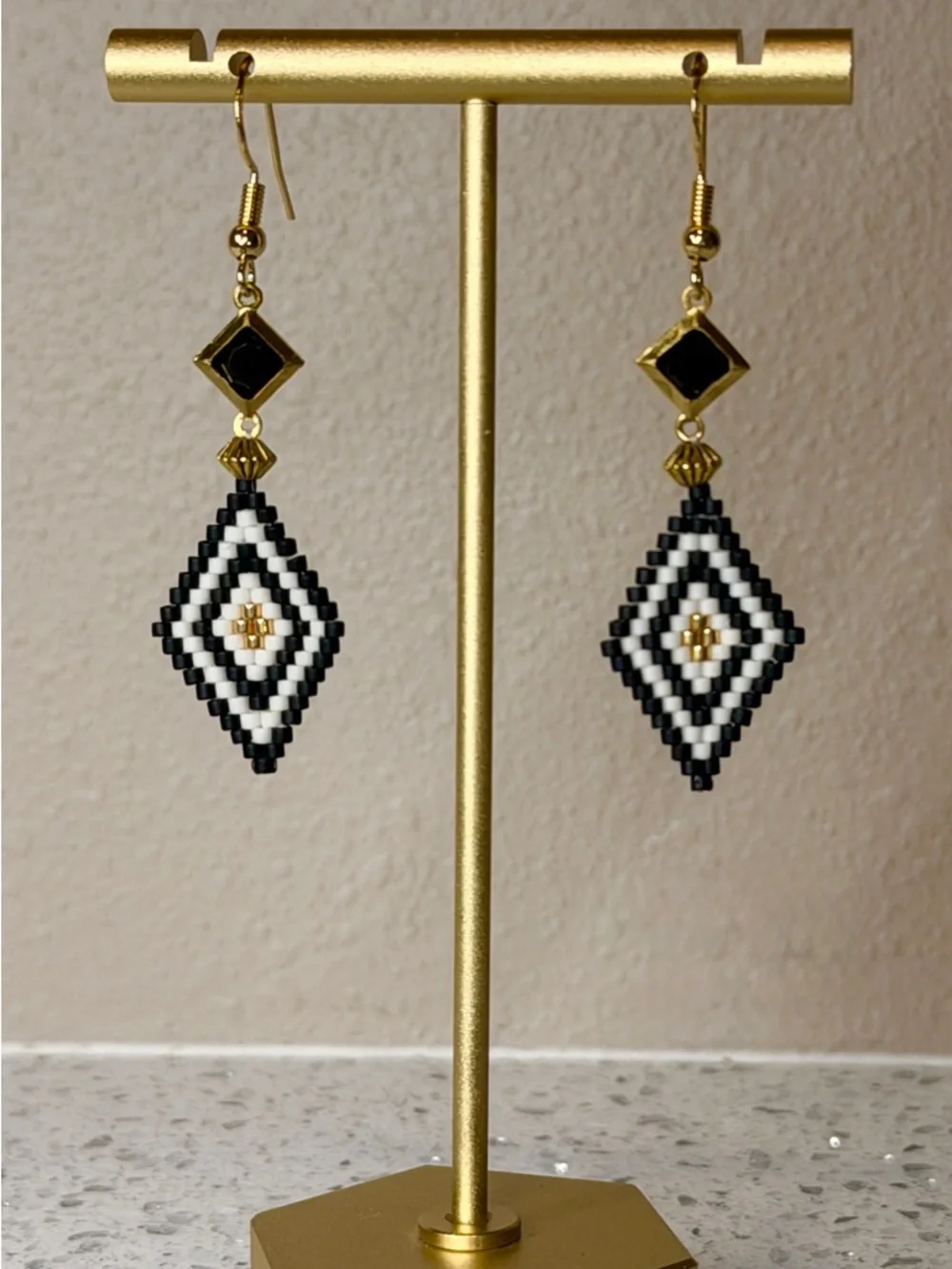 Art Deco Black & Gold Beaded Earrings | Geometric Statement Dangles